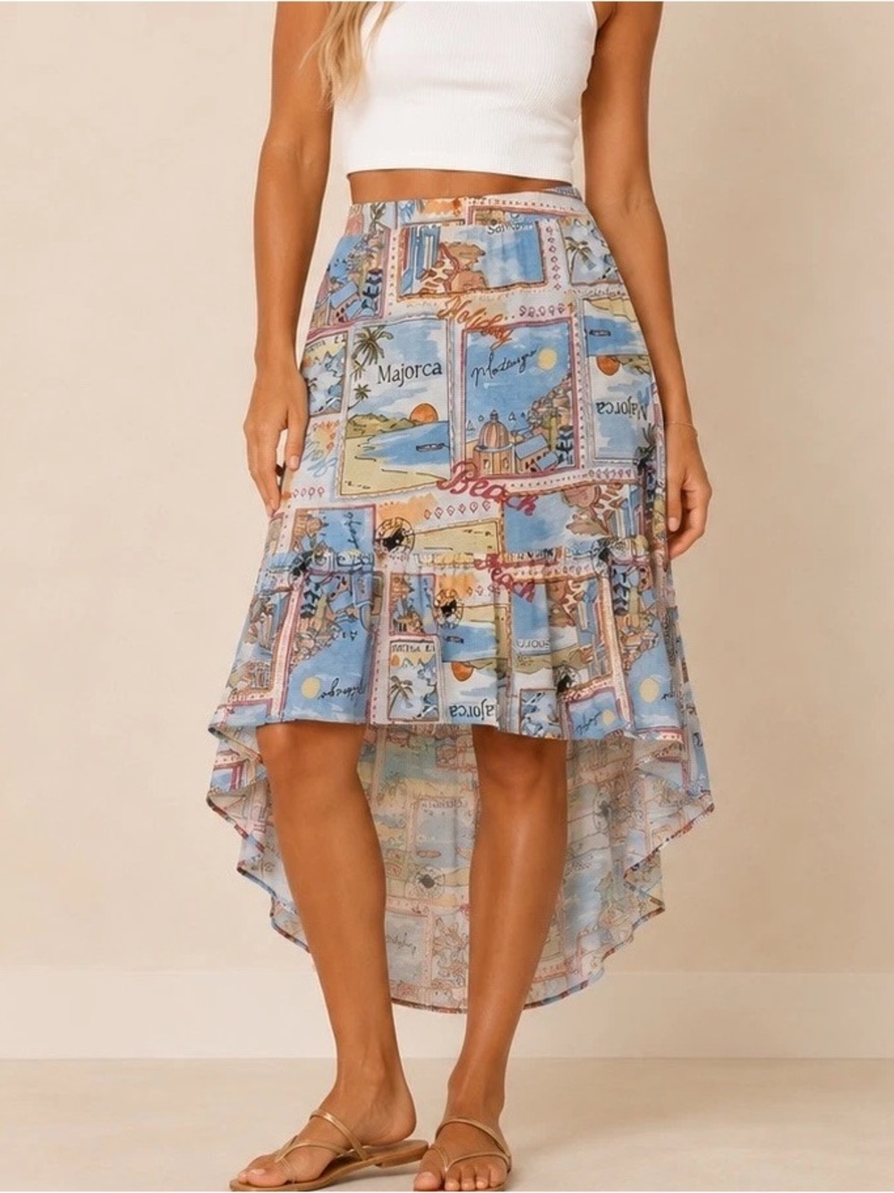 Mlle Gabrielle Coastal Print High-Low Tiered Skirt in Light Blue, Cream & Orange